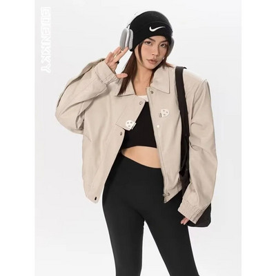 Nahkjakk Bomber, naiste meeste lühike lapiline PU mootorrattamantel Naiste vintage jalgrattamood välisrõivad 2023. aasta kevadsügis