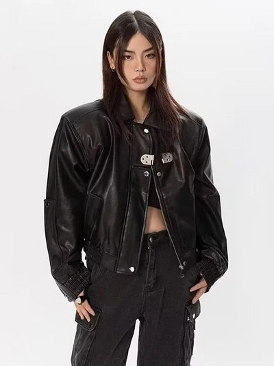 Nahkjakk Bomber, naiste meeste lühike lapiline PU mootorrattamantel Naiste vintage jalgrattamood välisrõivad 2023. aasta kevadsügis