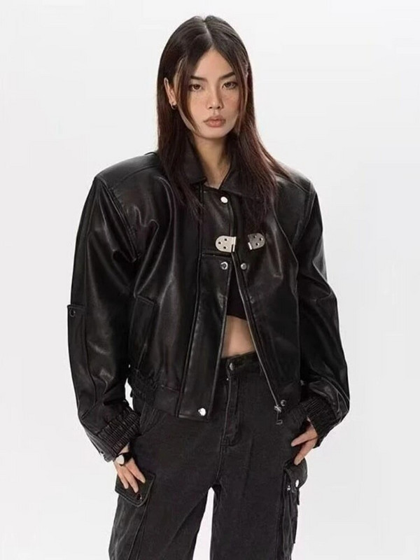 Nahkjakk Bomber, naiste meeste lühike lapiline PU mootorrattamantel Naiste vintage jalgrattamood välisrõivad 2023. aasta kevadsügis