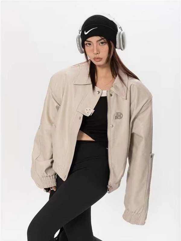 Nahkjakk Bomber, naiste meeste lühike lapiline PU mootorrattamantel Naiste vintage jalgrattamood välisrõivad 2023. aasta kevadsügis