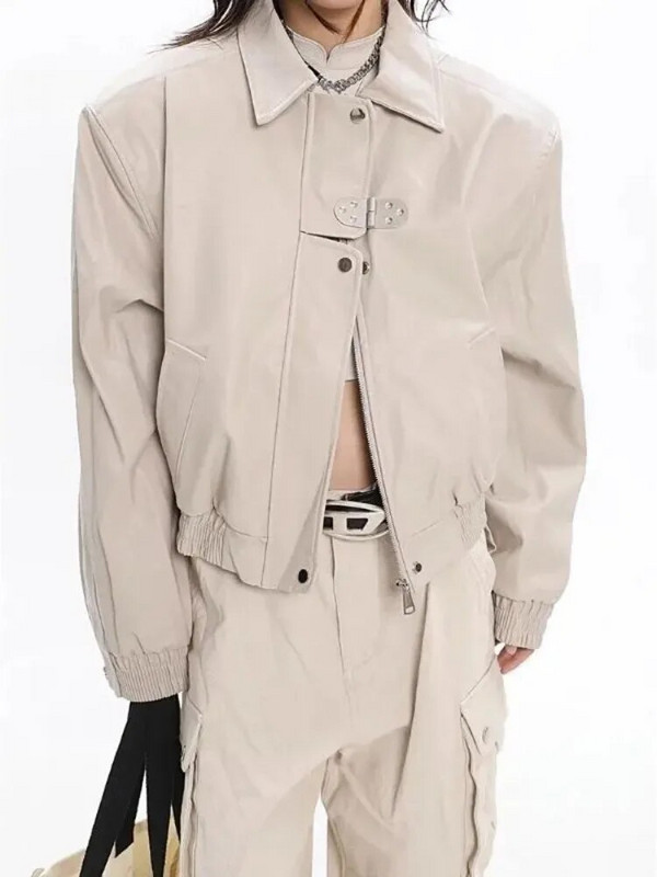 Nahkjakk Bomber, naiste meeste lühike lapiline PU mootorrattamantel Naiste vintage jalgrattamood välisrõivad 2023. aasta kevadsügis