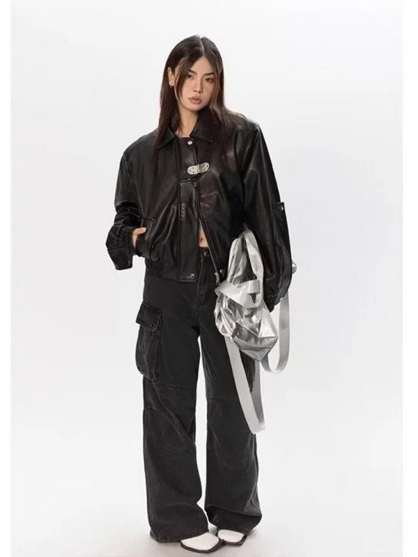 Nahkjakk Bomber, naiste meeste lühike lapiline PU mootorrattamantel Naiste vintage jalgrattamood välisrõivad 2023. aasta kevadsügis