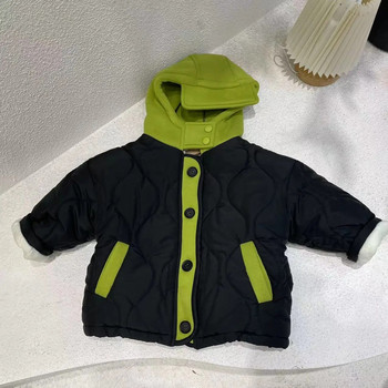 Χρώμα αντίθεσης για αγόρια βαμβακερό παλτό αντιανεμικό με κουκούλα με ένα στήθος Fleece μπουφάν 1-6Y Παιδικά Χειμερινά απαλά παχιά εξωτερικά ενδύματα