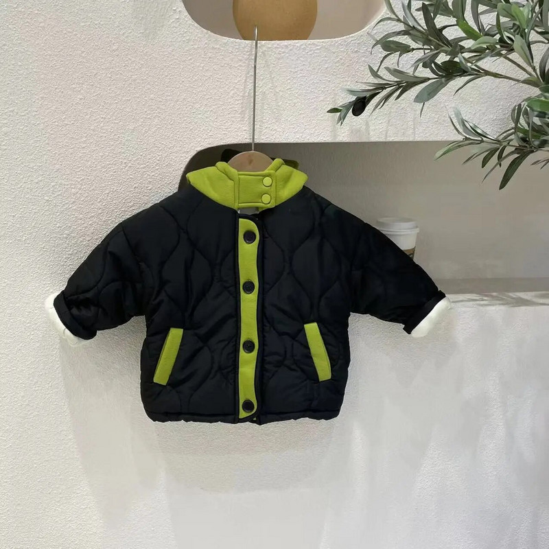 Χρώμα αντίθεσης για αγόρια βαμβακερό παλτό αντιανεμικό με κουκούλα με ένα στήθος Fleece μπουφάν 1-6Y Παιδικά Χειμερινά απαλά παχιά εξωτερικά ενδύματα