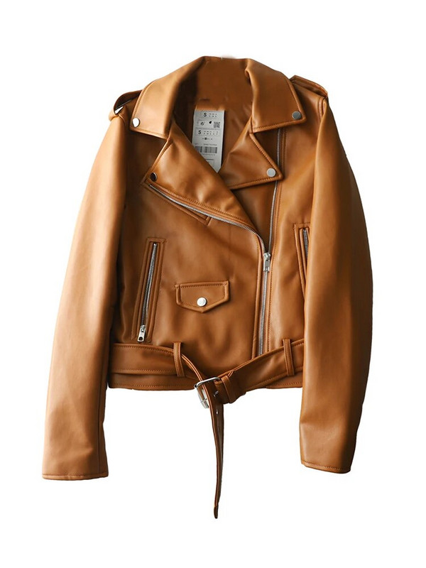 FMFSSOM Jarná jesenná dámska bunda s výstrihom do V z umelej kože, minimalistický neutrálny štýl, hnedá motocyklová bunda z PU, streetwear