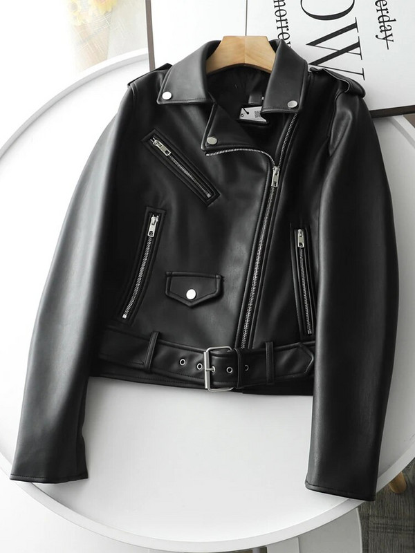 FMFSSOM Jarná jesenná dámska bunda s výstrihom do V z umelej kože, minimalistický neutrálny štýl, hnedá motocyklová bunda z PU, streetwear