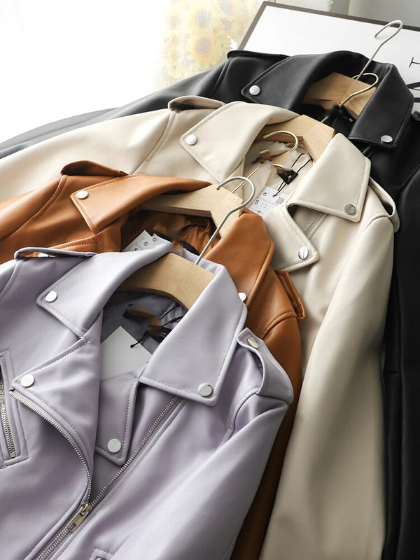 FMFSSOM Jarná jesenná dámska bunda s výstrihom do V z umelej kože, minimalistický neutrálny štýl, hnedá motocyklová bunda z PU, streetwear