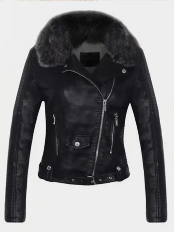 2023 Горещи модни дамски зимни топли якета от изкуствена кожа с колан с кожена яка Дамски черни розови мотоциклетни велосипедистки горни дрехи Палта
