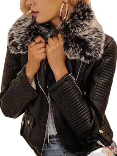2023 Горещи модни дамски зимни топли якета от изкуствена кожа с колан с кожена яка Дамски черни розови мотоциклетни велосипедистки горни дрехи Палта