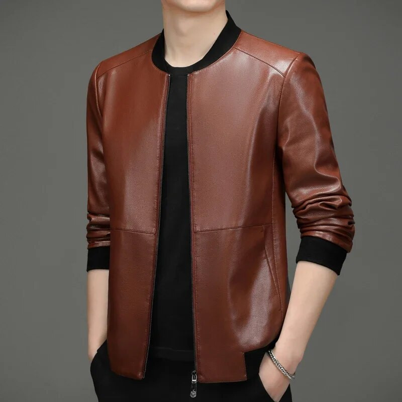Jesenné nové oblečenie z pravej kože pre mužov, baseballový golier, ovčia bunda, krátky stand-up golier, tenký kabát, kožená bunda