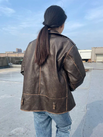 RR2478 Streetwear Велосипедни кожени якета с ефект на износване за жени Извънгабаритно гадже яке от PU кожа Дамско свободно кафяво палто с цип