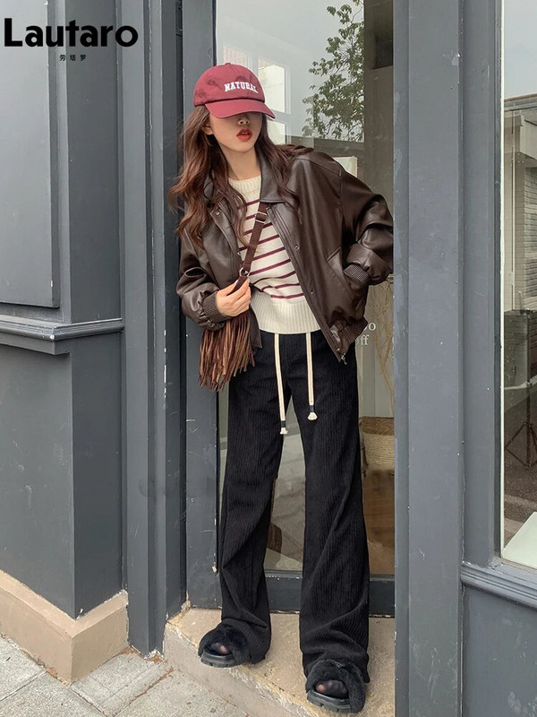 Lautaro, primăvară toamnă, ocazional supradimensionat, jachetă din piele moale, impermeabilă, cafea, pu, femei, cu umăr căzut, mânecă lungă, modă 2023