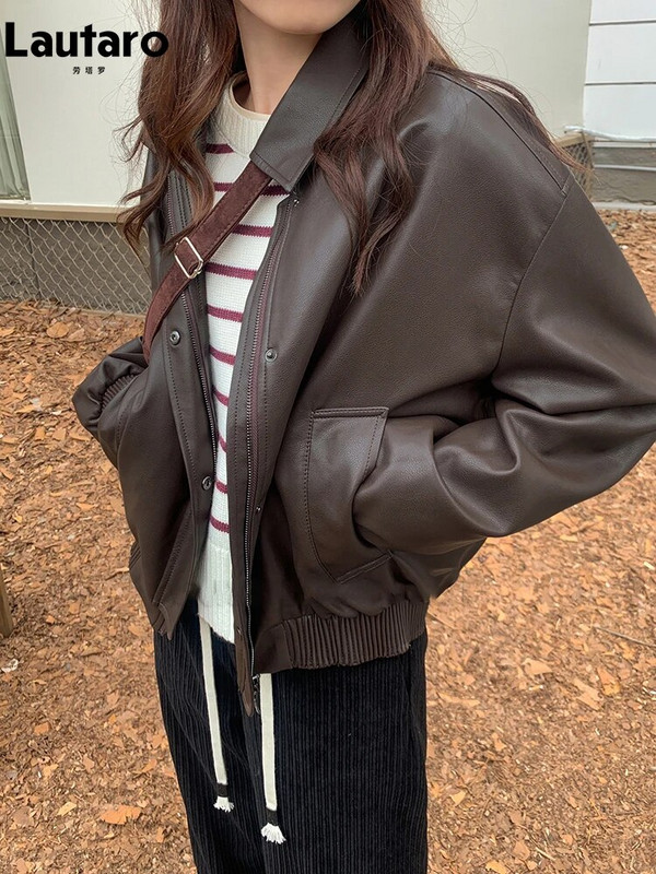 Lautaro, primăvară toamnă, ocazional supradimensionat, jachetă din piele moale, impermeabilă, cafea, pu, femei, cu umăr căzut, mânecă lungă, modă 2023