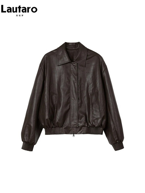 Lautaro, primăvară toamnă, ocazional supradimensionat, jachetă din piele moale, impermeabilă, cafea, pu, femei, cu umăr căzut, mânecă lungă, modă 2023