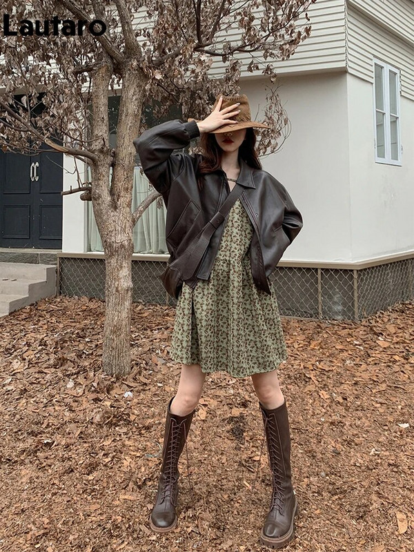 Lautaro, primăvară toamnă, ocazional supradimensionat, jachetă din piele moale, impermeabilă, cafea, pu, femei, cu umăr căzut, mânecă lungă, modă 2023