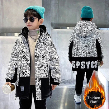 Μπουφάν 4-15 ετών για αγόρι Graffiti Letter Boy Παιδικό παλτό 2024 Fashion Fluff Ζεστό αντιανεμικό Parkas Boys Winter Jacket