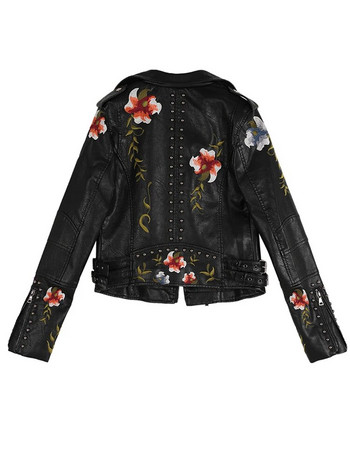 Ftlzz Дамско яке с бродерия с флорални щампи от изкуствена мека кожа, палто с отложна яка, ежедневно пу мотоциклетно черно пънк горно облекло