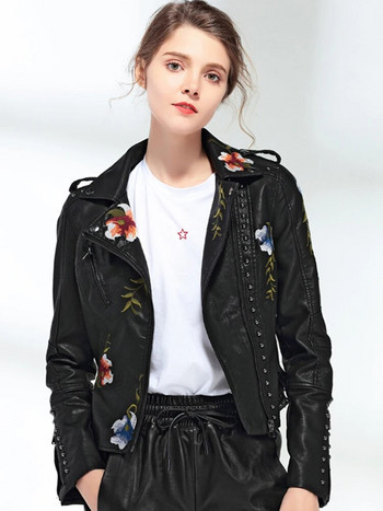 Ftlzz Дамско яке с бродерия с флорални щампи от изкуствена мека кожа, палто с отложна яка, ежедневно пу мотоциклетно черно пънк горно облекло