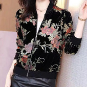 Palton casual din catifea aurie, primăvară, toamnă, cu mânecă lungă, fermoar, imprimeu mozaic, paltoane scurte, top, haine vintage, pentru femei
