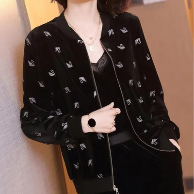 Palton casual din catifea aurie, primăvară, toamnă, cu mânecă lungă, fermoar, imprimeu mozaic, paltoane scurte, top, haine vintage, pentru femei