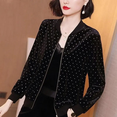 Palton casual din catifea aurie, primăvară, toamnă, cu mânecă lungă, fermoar, imprimeu mozaic, paltoane scurte, top, haine vintage, pentru femei