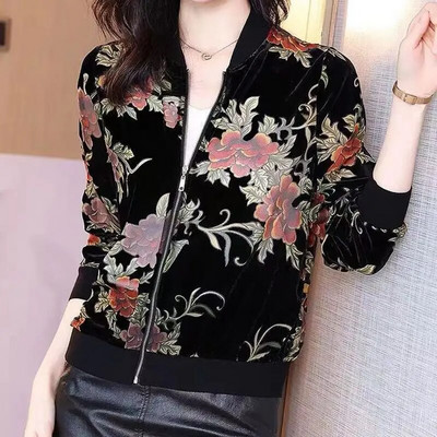 Palton casual din catifea aurie, primăvară, toamnă, cu mânecă lungă, fermoar, imprimeu mozaic, paltoane scurte, top, haine vintage, pentru femei
