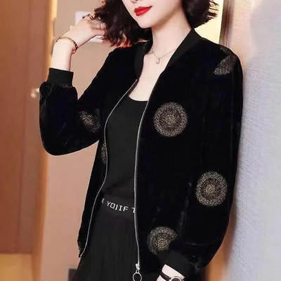 Palton casual din catifea aurie, primăvară, toamnă, cu mânecă lungă, fermoar, imprimeu mozaic, paltoane scurte, top, haine vintage, pentru femei