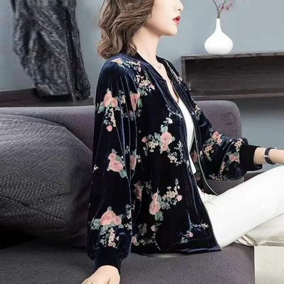 Palton casual din catifea aurie, primăvară, toamnă, cu mânecă lungă, fermoar, imprimeu mozaic, paltoane scurte, top, haine vintage, pentru femei