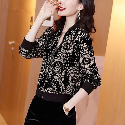 Palton casual din catifea aurie, primăvară, toamnă, cu mânecă lungă, fermoar, imprimeu mozaic, paltoane scurte, top, haine vintage, pentru femei