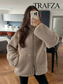 TRAFZA haină de iarnă pentru femei, caldă, lângă, din lână de miel, cu rever, fermoar, cu mânecă lungă, pentru femei, ocazional, vintage, îmbrăcăminte exterioară solidă