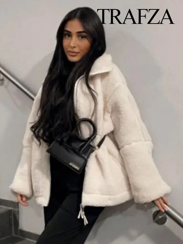 TRAFZA haină de iarnă pentru femei, caldă, lângă, din lână de miel, cu rever, fermoar, cu mânecă lungă, pentru femei, ocazional, vintage, îmbrăcăminte exterioară solidă