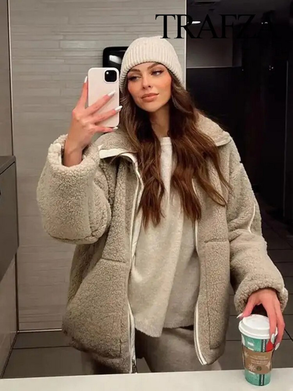 TRAFZA haină de iarnă pentru femei, caldă, lângă, din lână de miel, cu rever, fermoar, cu mânecă lungă, pentru femei, ocazional, vintage, îmbrăcăminte exterioară solidă