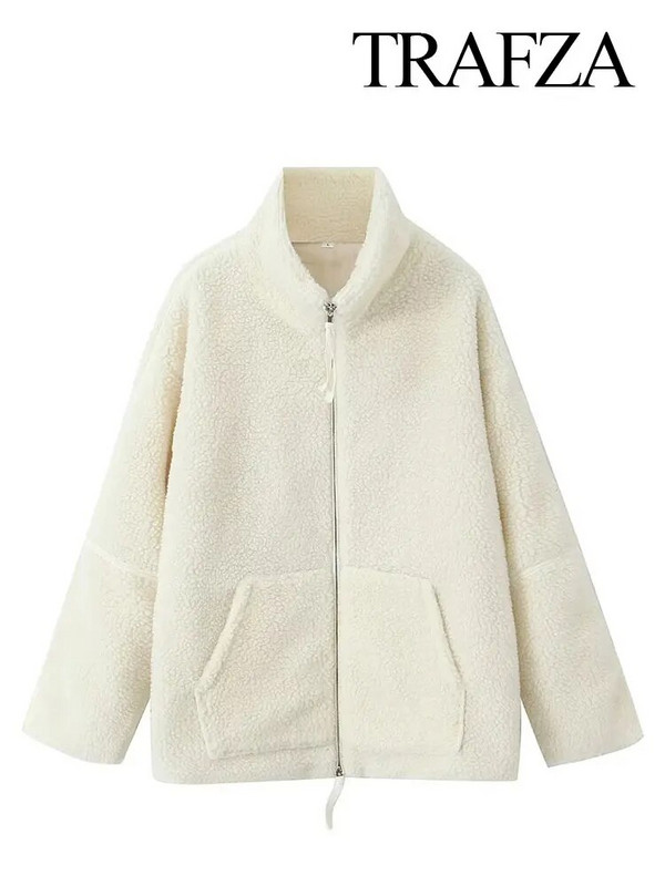 TRAFZA haină de iarnă pentru femei, caldă, lângă, din lână de miel, cu rever, fermoar, cu mânecă lungă, pentru femei, ocazional, vintage, îmbrăcăminte exterioară solidă