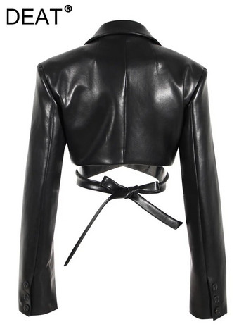 Модни дамски якета DEAT, яка с ревер, тънка кръстосана връзка с талия, дълъг ръкав, късо палто от PU кожа, есен на 2024 г. Ново 17A2947