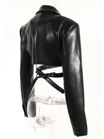 Модни дамски якета DEAT, яка с ревер, тънка кръстосана връзка с талия, дълъг ръкав, късо палто от PU кожа, есен на 2024 г. Ново 17A2947