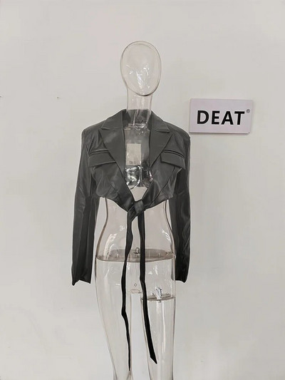 DEAT Fashion Jachete de damă guler cu rever subțire încrucișată cu dantelă cu mânecă lungă din piele PU haină scurtă toamna 2024 nou 17A2947