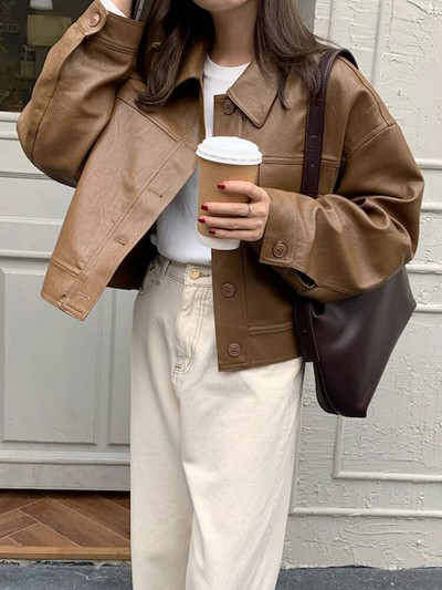 Zoki Streetwear Biker Jachetă Pu femei Vintage cu mâneci lungi de blană artificială Moto haine de modă coreeană Harajuku Casual Largi Bf Jachete