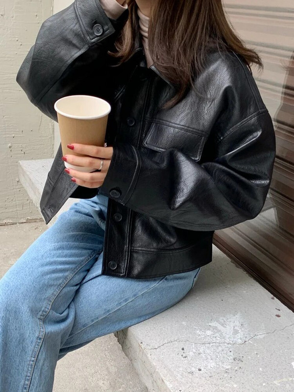 Zoki Streetwear Biker Jachetă Pu femei Vintage cu mâneci lungi de blană artificială Moto haine de modă coreeană Harajuku Casual Largi Bf Jachete