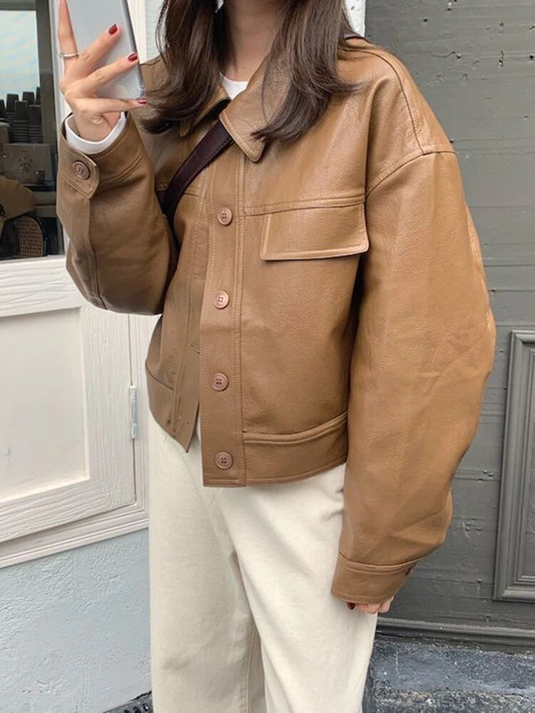 Zoki Streetwear Biker Jachetă Pu femei Vintage cu mâneci lungi de blană artificială Moto haine de modă coreeană Harajuku Casual Largi Bf Jachete