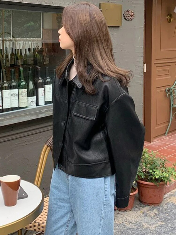 Zoki Streetwear Biker Jachetă Pu femei Vintage cu mâneci lungi de blană artificială Moto haine de modă coreeană Harajuku Casual Largi Bf Jachete