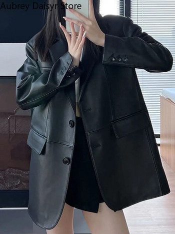 Корейско черно кожено яке Дамско улично облекло Свободни официални кожени блейзъри Женска модна тенденция Шик пънк кожено яке 2023 Ново