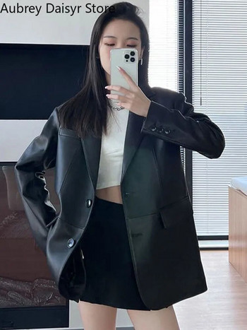 Корейско черно кожено яке Дамско улично облекло Свободни официални кожени блейзъри Женска модна тенденция Шик пънк кожено яке 2023 Ново