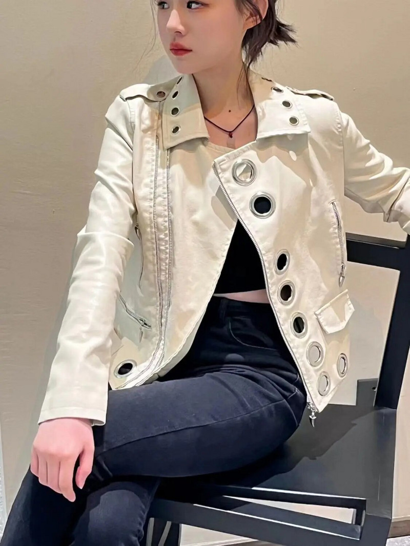2023. aasta kevad-sügis naiste nahkjakk, uus moodne metallsõrmusmantel, lühikesed riided