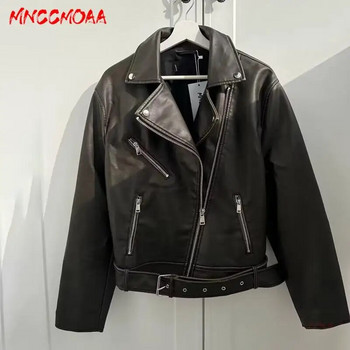 MNCCMOAA 2023 Υψηλής ποιότητας Γυναικεία Μόδα Vintage Χαλαρά παλτό από συνθετικό δέρμα Γυναικεία μπλουζάκια με φερμουάρ Biker