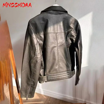 MNCCMOAA 2023 Υψηλής ποιότητας Γυναικεία Μόδα Vintage Χαλαρά παλτό από συνθετικό δέρμα Γυναικεία μπλουζάκια με φερμουάρ Biker
