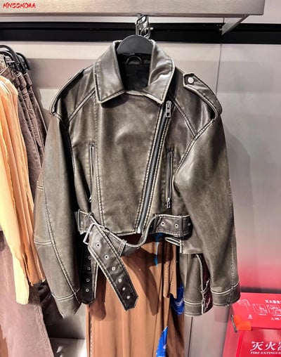MNCCMOAA 2023 Kiváló minőségű női divat Vintage laza műbőr kabátok Női alkalmi cipzáros motoros felsőruházati felsők