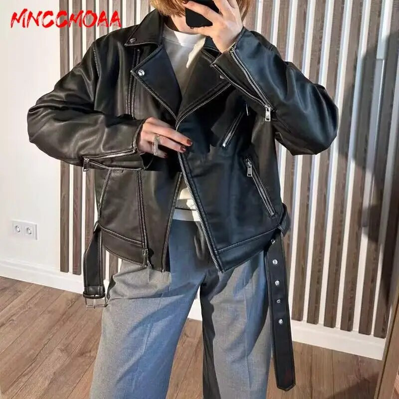MNCCMOAA 2023 Kiváló minőségű női divat Vintage laza műbőr kabátok Női alkalmi cipzáros motoros felsőruházati felsők