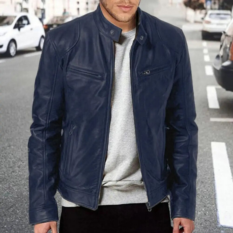 Pánska motocyklová kožená bunda, slim fit, krátky kabát, klopa, PU bundy, zimný zips, stojan, vetruodolný kožený kabát, pánske oblečenie