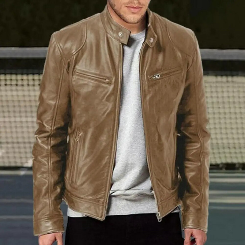 Pánska motocyklová kožená bunda, slim fit, krátky kabát, klopa, PU bundy, zimný zips, stojan, vetruodolný kožený kabát, pánske oblečenie