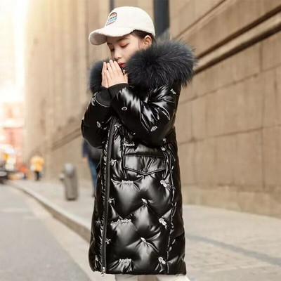 2023 Зимни дебели памучни палта за момичета Водоустойчиви кожени яка Якета с качулка Детско връхно облекло Облекло Тийнейджърска парка Снежен костюм